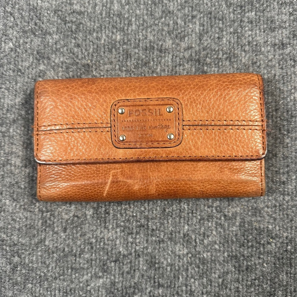 Fossil Long Live Vintage Brown Leather Trifold Wallet Organizer
